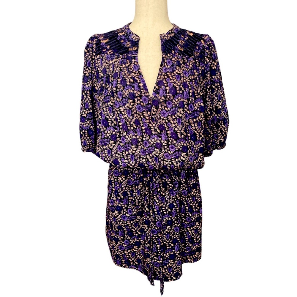 ULLA JOHNSON Cotton Purple Print Drawstring Waist Dress